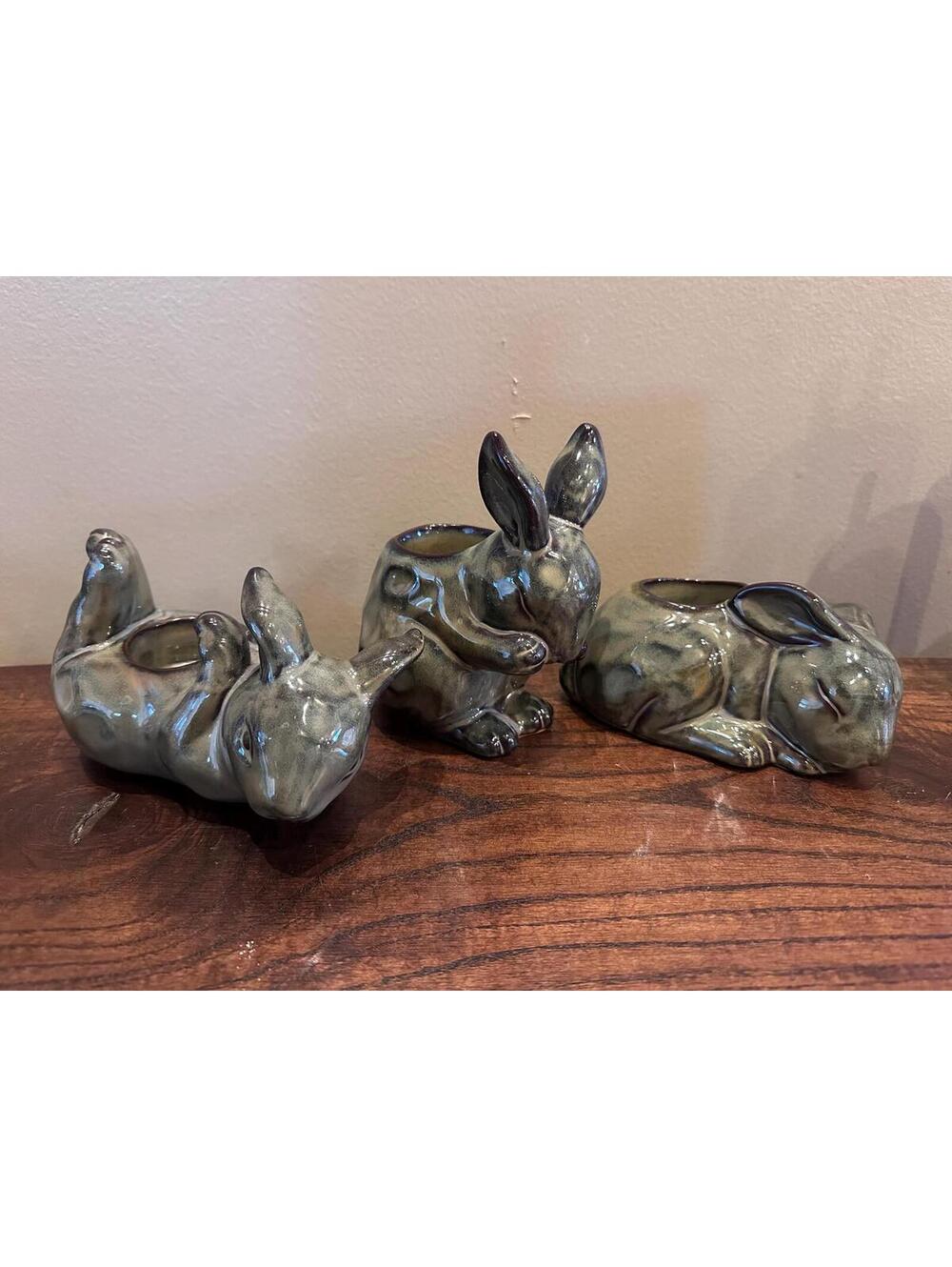 Partylite Easter Bunny Rabbit Glazed Terra Cotta Tabletop Votive Candle Holders